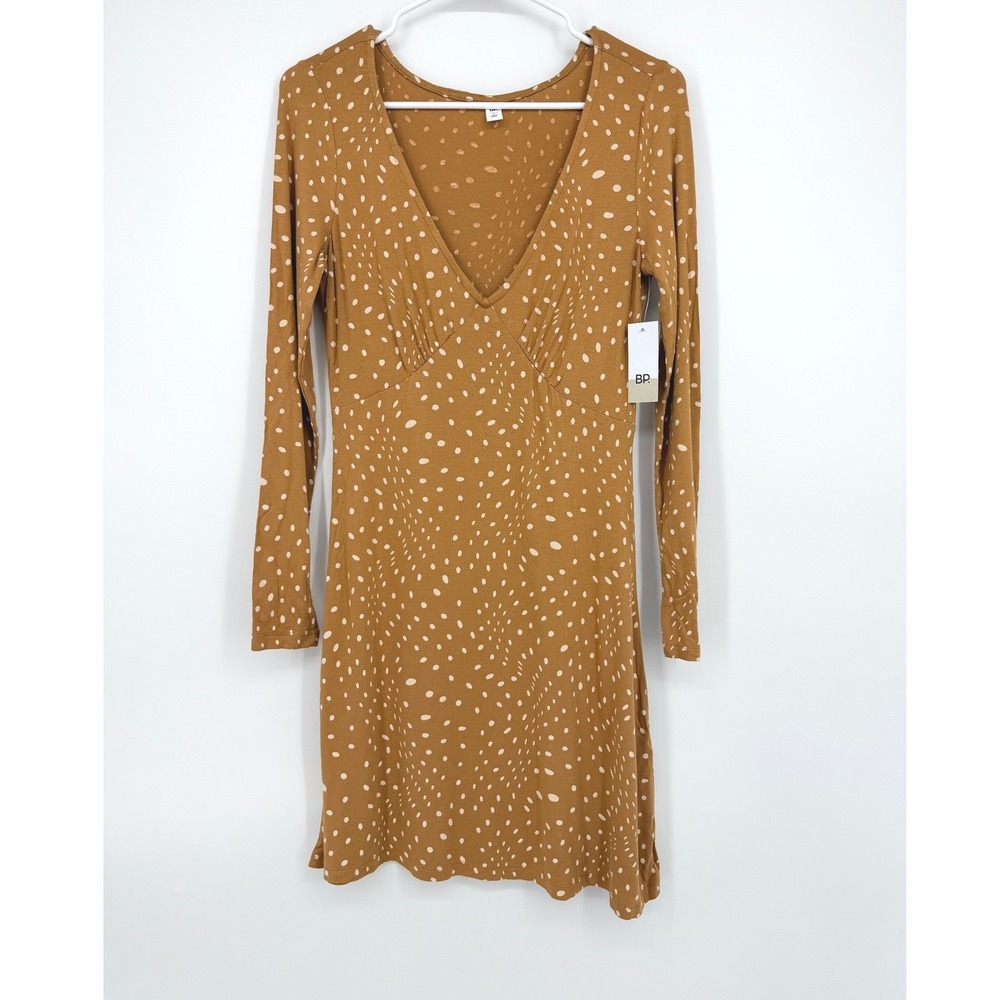 BP. Women Tan Brown Polka‎ Dot V-Neck Long Sleeve Mini Dress Small NWT